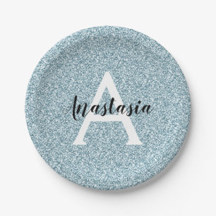 Glam Blau Silber Glitter Funkeln Monogramm Name Pappteller