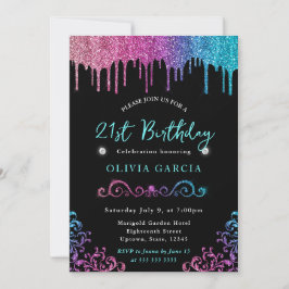 Glam Blau und Rosa Glitzer 21. Geburtstag Einladung