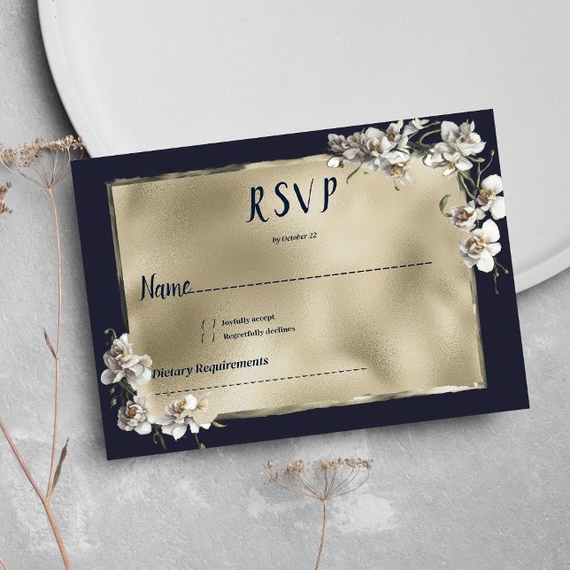 Glam-Blaue Goldorchideenblume RSVP Einladung (Glam navy blue gold white orchid flower RSVP)