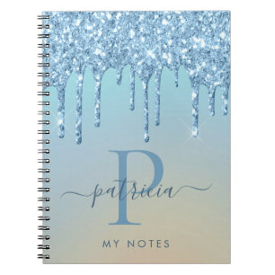 Glam Blauer Glitter-Tropfen Elegantes Monogramm Notizblock