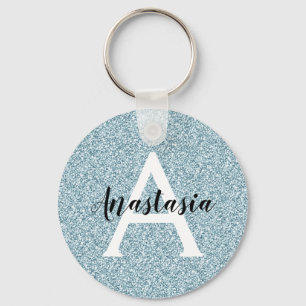 Glam Blaues Silber Glitter Funkeln Monogramm Name Schlüsselanhänger