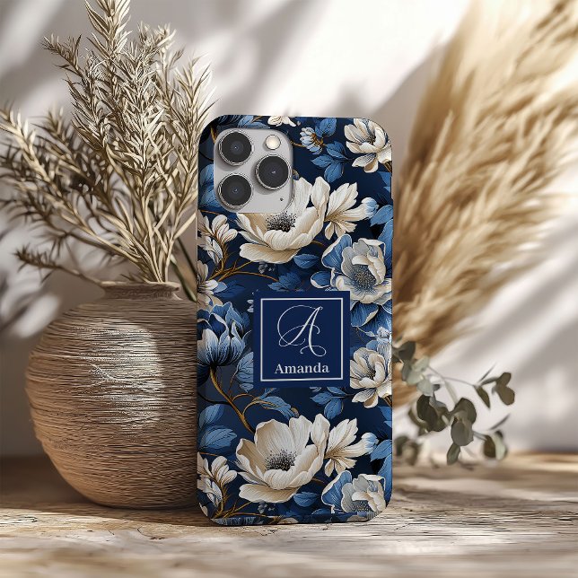Glam Blaues und Elfenbeinernes Blumen Designer iPh Case-Mate iPhone Hülle (Glam Blue and Ivory Flowers Designer iPhone Case)