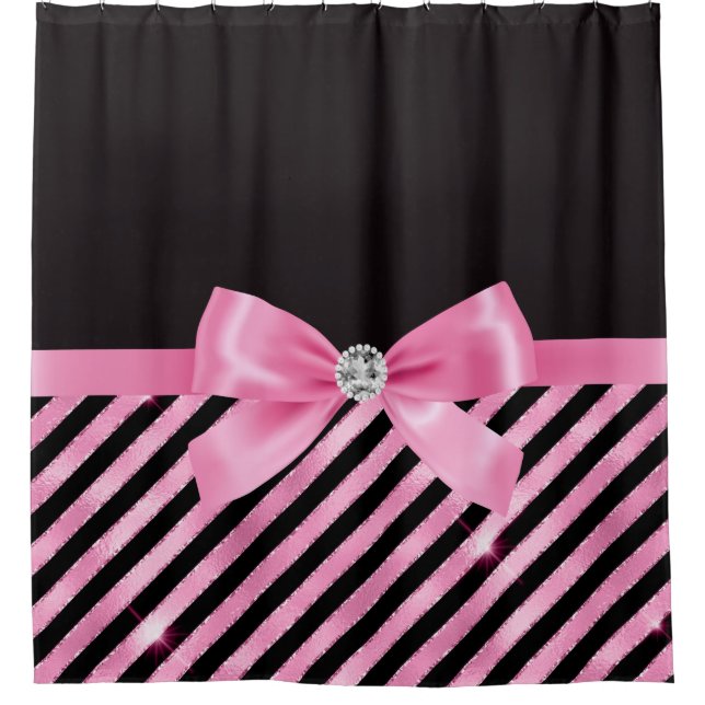 Glam Blubble Pink Bow-Black Pink Candy Streifen Duschvorhang (Vorderseite)
