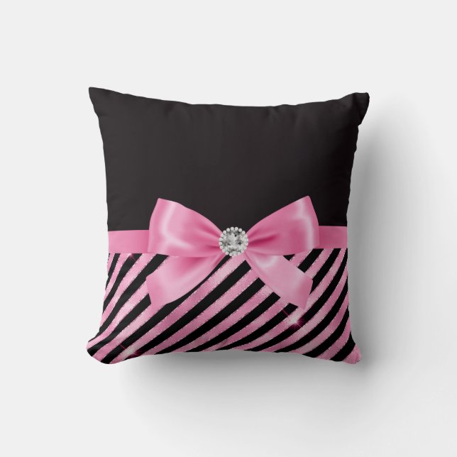 Glam Blubble Pink Bow-Pink Schwarz-Candy Streifen Kissen (Vorderseite)