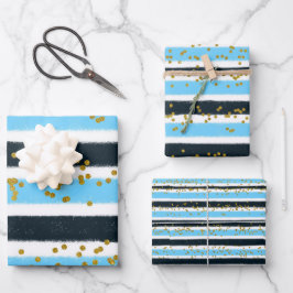 Glam Blue Black Gold Glitzer Strip Sparkle Geschenkpapier Set