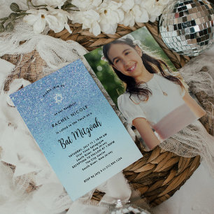 Glam Blue Glitzer Look Bat Mitzvah   Foto zurück Einladung