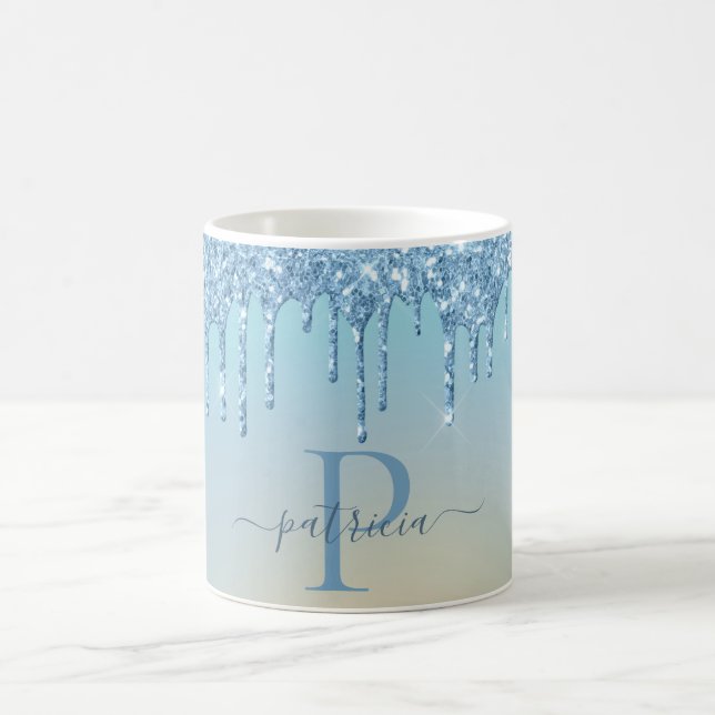 Glam Blue Glitzer Tropfen Elegante Monogram Kaffeetasse (Mittel)