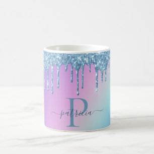 Glam Blue Glitzer Tropfen Elegante Monogram Kaffeetasse