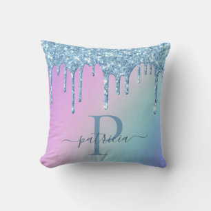 Glam Blue Glitzer Tropfen Elegante Monogram Kissen