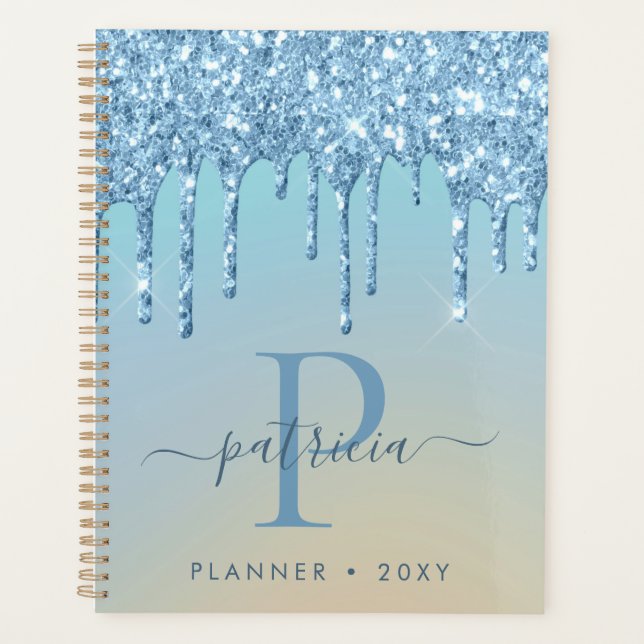 Glam Blue Glitzer Tropfen Elegante Monogram Planer (Vorderseite)