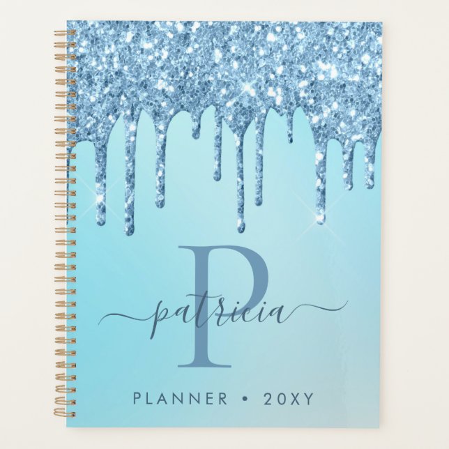 Glam Blue Glitzer Tropfen Eleganter Monogram Plane Planer (Vorderseite)