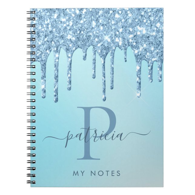 Glam Blue Glitzer Tropfen Elegantes Monogram Noteb Notizblock (Vorderseite)