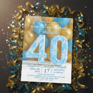 Glam Blue Gold Ballons 40. Hochzeitstag Einladung