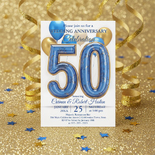 Glam Blue Gold Ballons 50. Hochzeitstag  Einladung