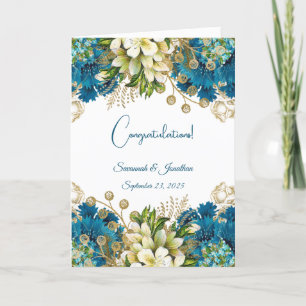Glam Blue Gold Floral Wedding Karte