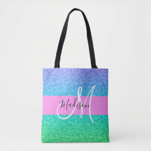 Glam Blue Green Glitzer Sparkle Gradient Monogram
