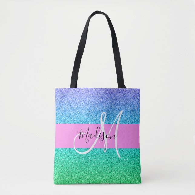 Glam Blue Green Glitzer Sparkle Gradient Monogram (Vorderseite)
