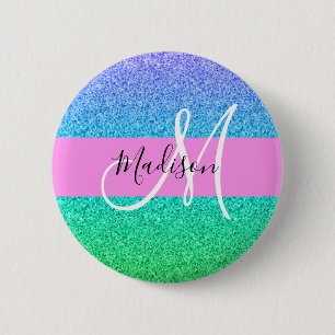 Glam Blue Green Glitzer Sparkle Gradient Monogram Button