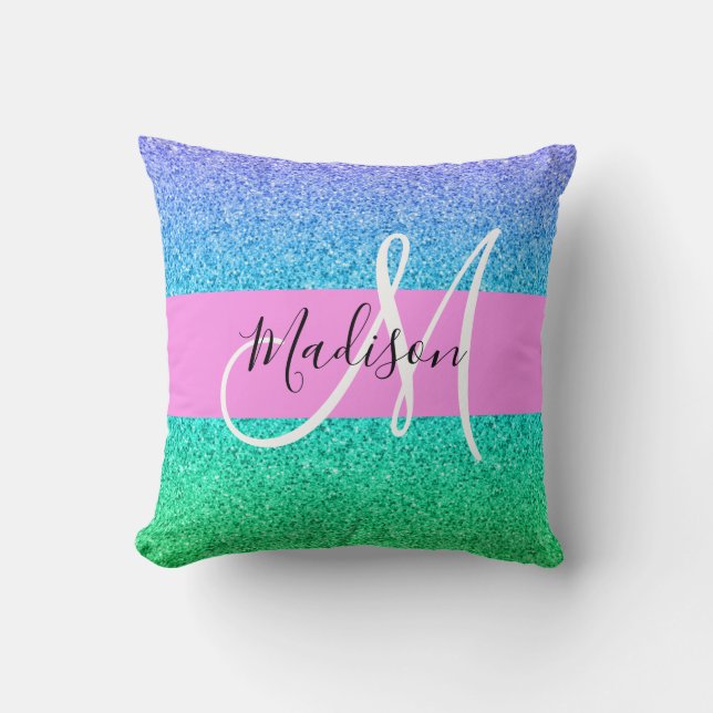 Glam Blue Green Glitzer Sparkle Gradient Monogram Kissen (Vorderseite)