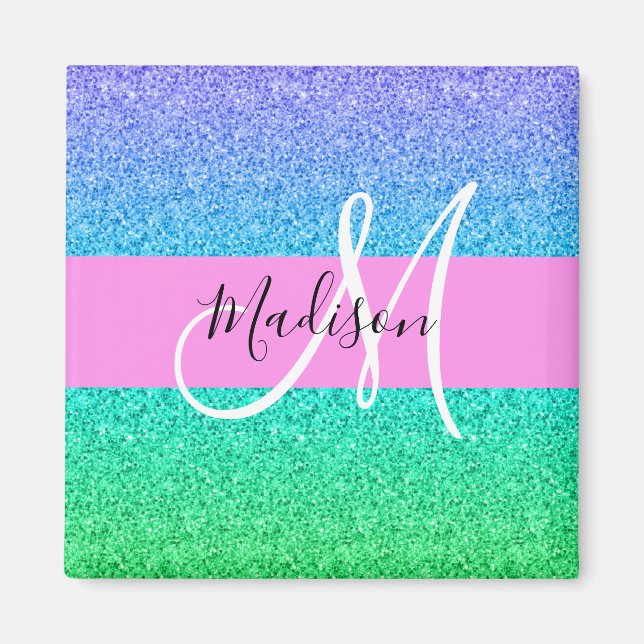 Glam Blue Green Glitzer Sparkle Gradient Monogram Magnet (Vorne)