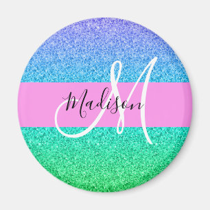 Glam Blue Green Glitzer Sparkle Gradient Monogram Magnet