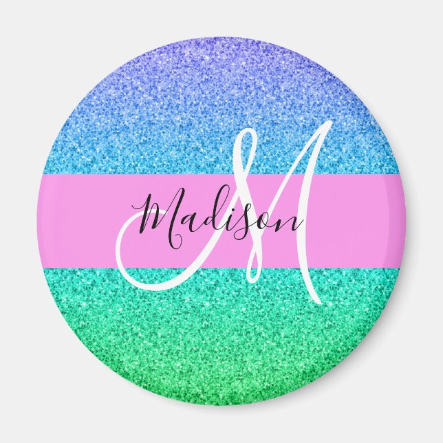 Glam Blue Green Glitzer Sparkle Gradient Monogram Magnet (Vorne)
