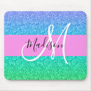 Glam Blue Green Glitzer Sparkle Gradient Monogram Mousepad
