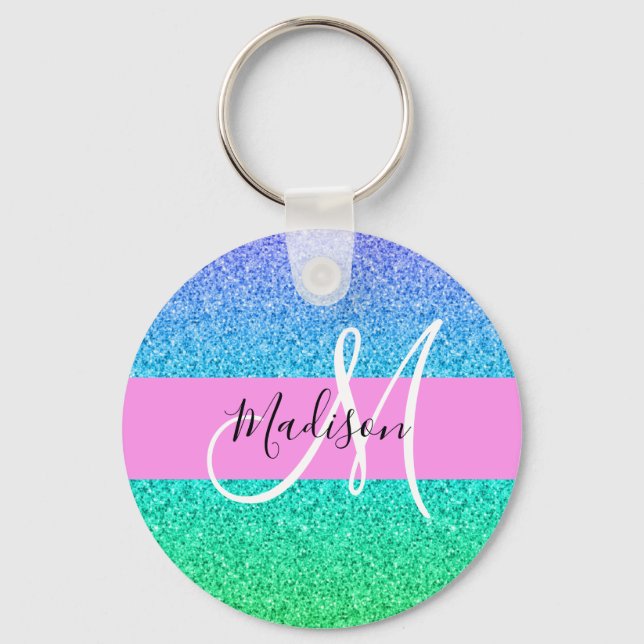 Glam Blue Green Glitzer Sparkle Gradient Monogram Schlüsselanhänger (Vorderseite)