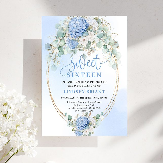 Glam Blue Hydrangeas Gold Sweet Sixteen Invite Einladung (Glam Blue Hydrangeas Gold Sweet Sixteen Invite)
