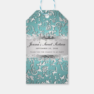 Glam Blue Silver Floral Pattern 16 . Geburtstag Geschenkanhänger