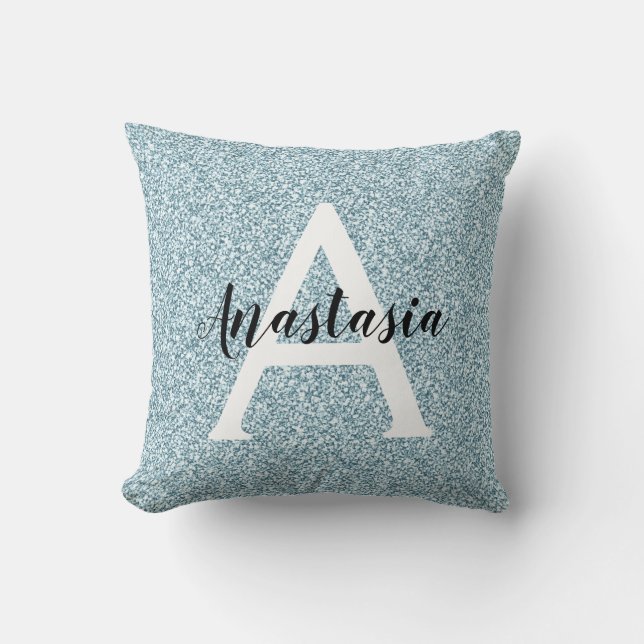 Glam Blue Silver Glitzer Glitzern Monogram Name Kissen (Vorderseite)