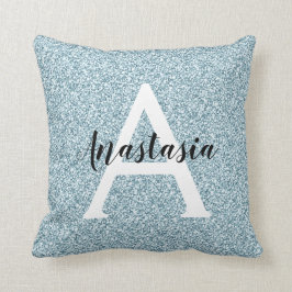 Glam Blue Silver Glitzer Glitzern Monogram Name Kissen