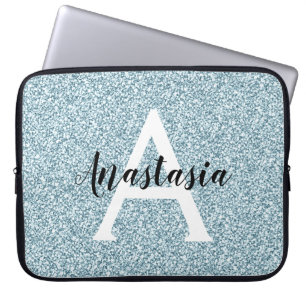 Glam Blue Silver Glitzer Glitzern Monogram Name Laptopschutzhülle