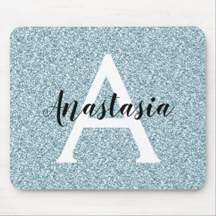 Glam Blue Silver Glitzer Glitzern Monogram Name Mousepad