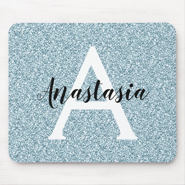Glam Blue Silver Glitzer Glitzern Monogram Name Mousepad (Vorne)