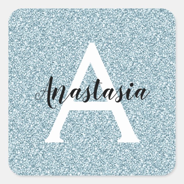 Glam Blue Silver Glitzer Glitzern Monogram Name Quadratischer Aufkleber (Vorderseite)