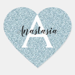 Glam Blue Silver Glitzer Glitzern Monogramm Name Herz-Aufkleber