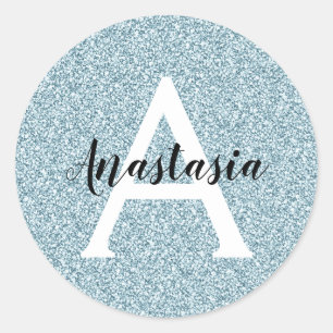 Glam Blue Silver Glitzer Glitzern Monogramm Name Runder Aufkleber