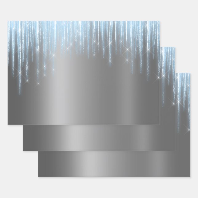 Glam Blue Silver Icicles Weihnachten Geschenkpapier Set (Set)