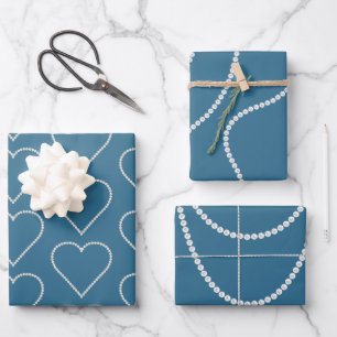 Glam Blue Weiße Perlen Brautparty Geschenkpapier Set