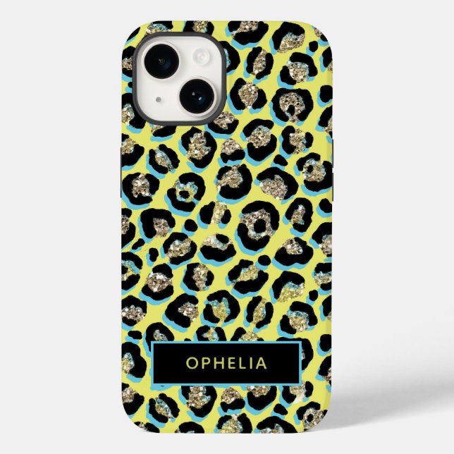 Glam Blue Yellow Glitzer Leopard Druckname Case-Mate iPhone Hülle (Rückseite)