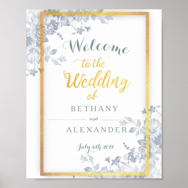 Glam Blume Gold Frame Wedding Willkommenszeichen Poster (Vorne)