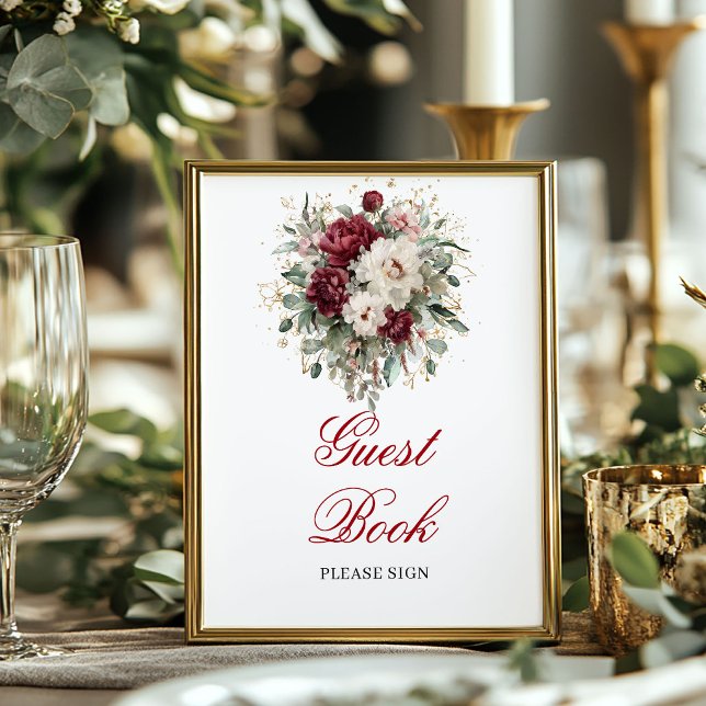 Glam Blush Burgundy Gästebuch Poster Schild (Glam Blush Burgundy Guest Book Poster Sign)