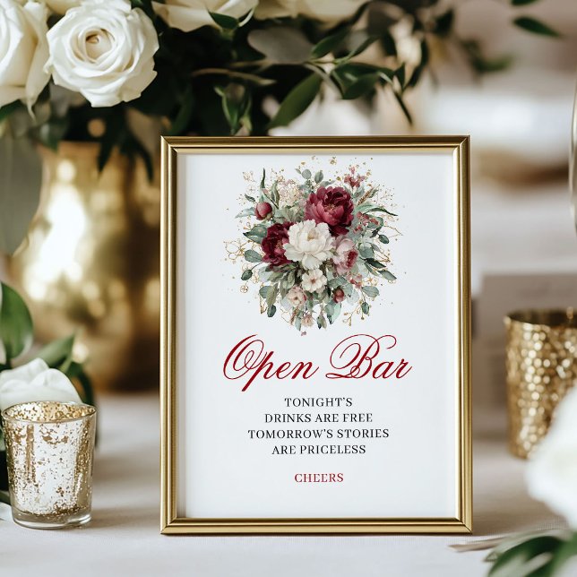 Glam Blush Burgundy Open Bar Hochzeitsposter Poster (Glam Blush Burgundy Open Bar Wedding Poster)