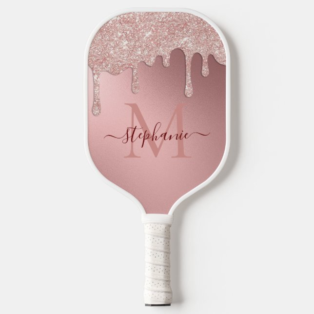 Glam Blush Pink Glitzer Tropfen Foil Monogramm Pickleball Schläger (Vorderseite)
