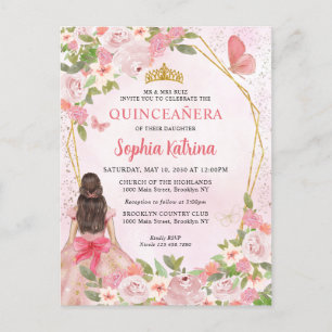 Glam Blush Pink Gold Floral Prinzessin Quinceañera Einladungspostkarte