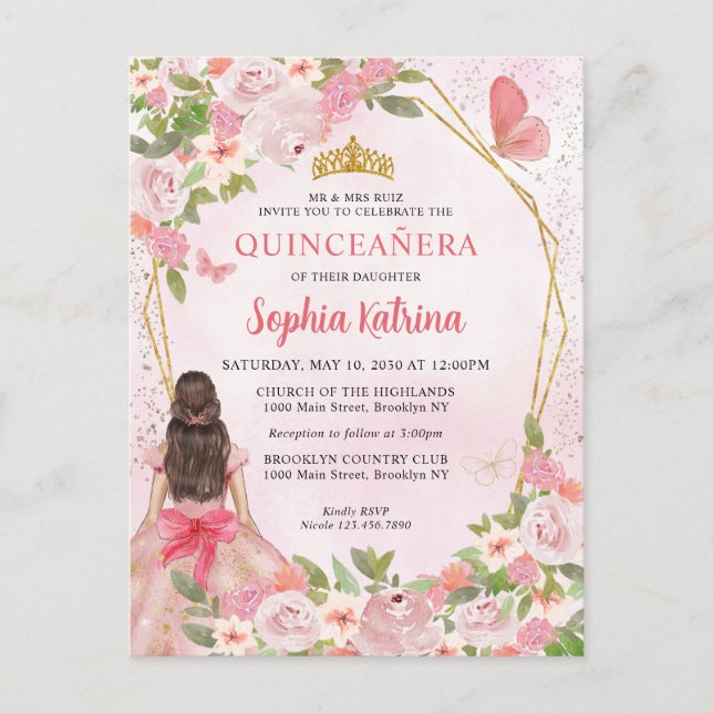 Glam Blush Pink Gold Floral Prinzessin Quinceañera Einladungspostkarte (Vorderseite)