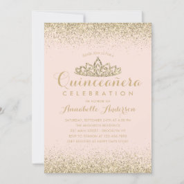 Glam Blush Pink Quinceñera Gold Tiara Glitzer Einladung