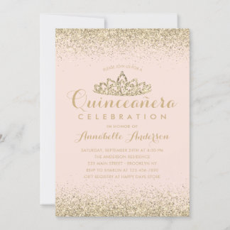 Glam Blush Pink Quinceñera Gold Tiara Glitzer Einladung