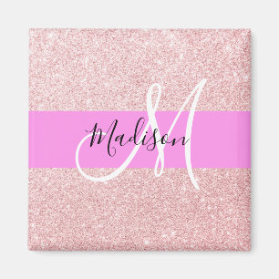 Glam Blush Pink Rosen Gold Glitter Funkel Monogram Magnet